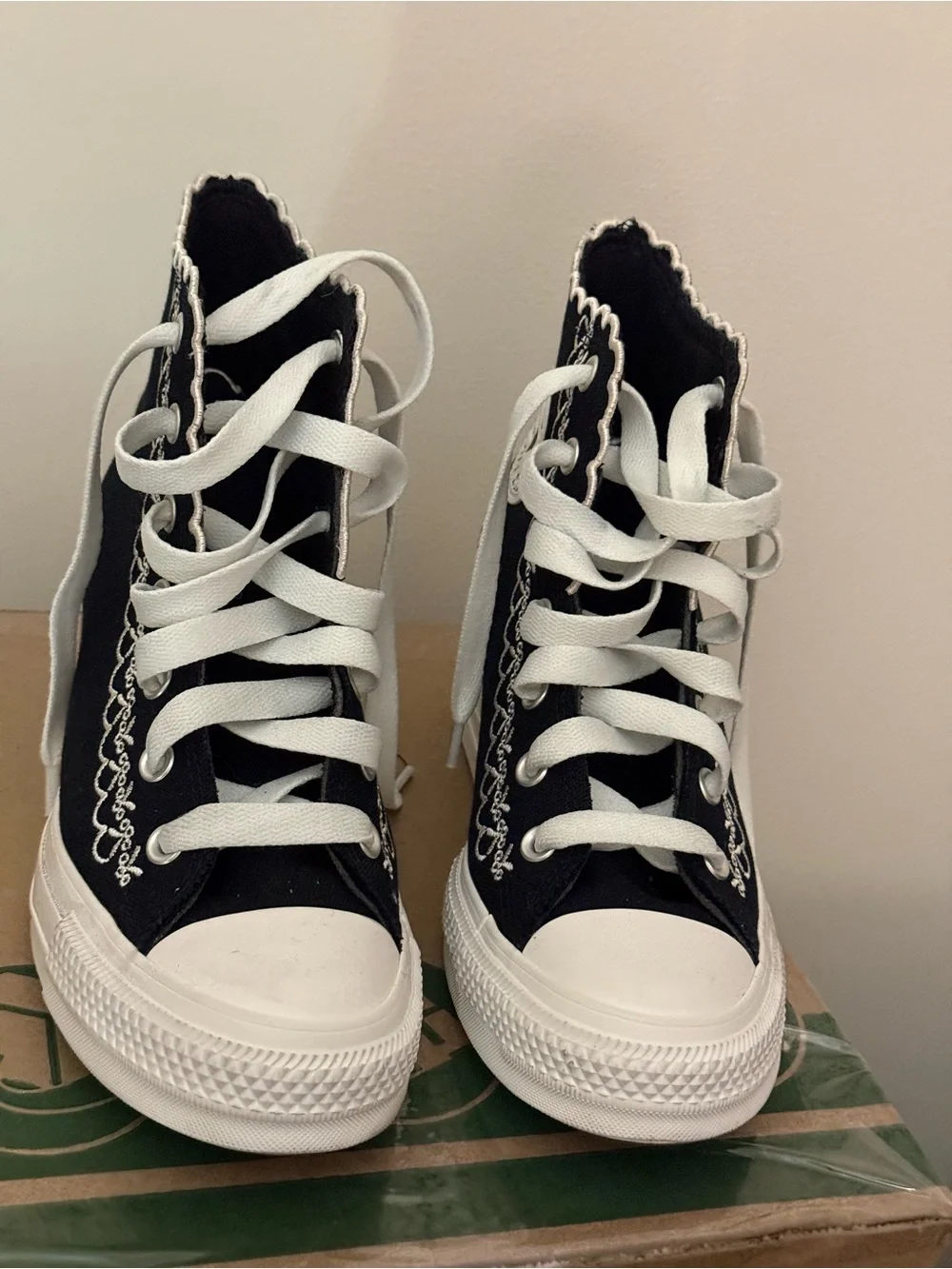 Black High-Top Canvas Sneakers with White Lace-Up and embroidery